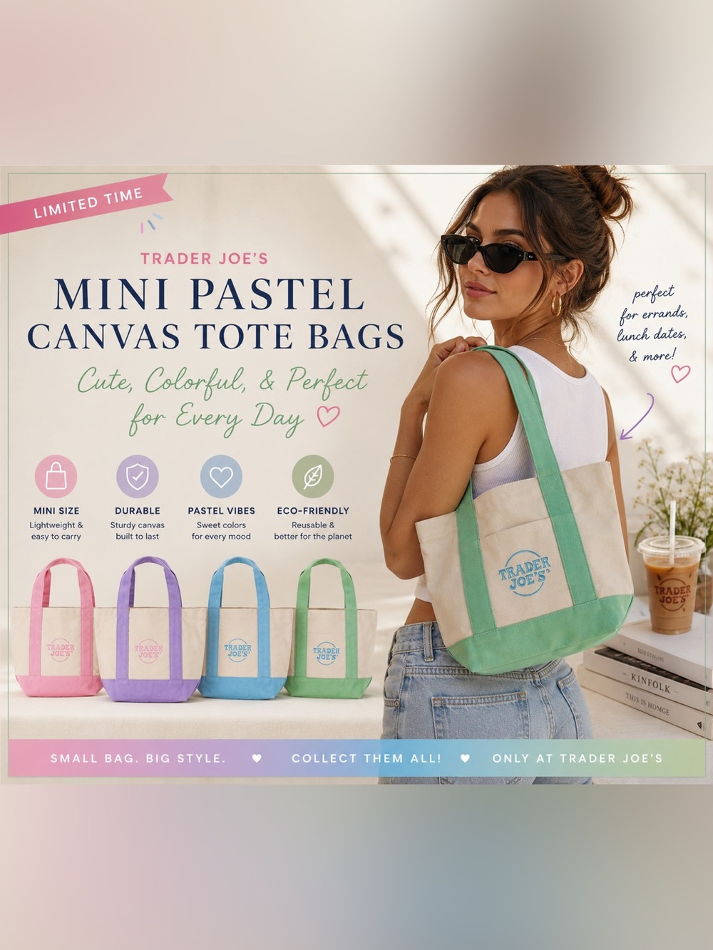 🩵🩷💜💚 Trader Joe’s Mini Pastel Canvas Tote Bags